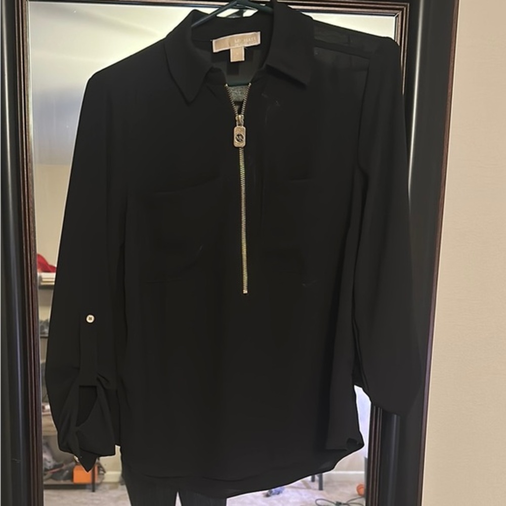 Michael Kors Women’s Small Chic Black Gold Zip-Up Blouse
